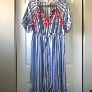 St. John's Bay Stripe Maxi Dress Blue Embroidered Women's PL Boho Summer J054-5